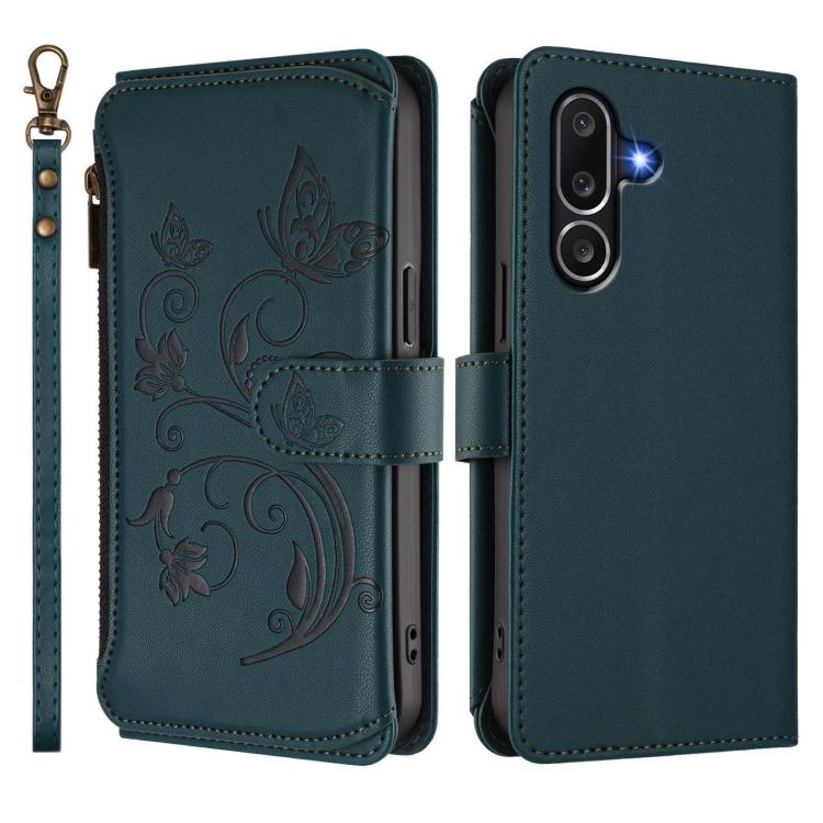 Funda de cuero con cremallera para Samsung Galaxy M56 5G, diseño de mariposas, flores y amor, con múltiples tarjetas (verde oscuro)