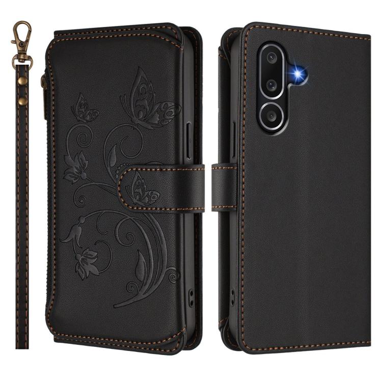 Funda de cuero con cremallera para Samsung Galaxy M56 5G, diseño de mariposas, flores y múltiples tarjetas (negro)