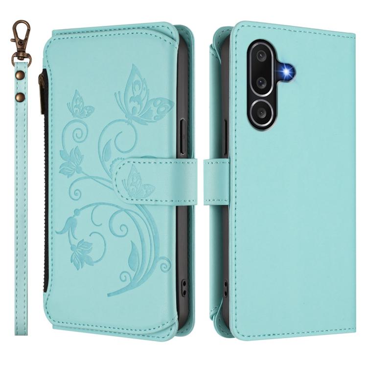 Funda de cuero con cremallera para Samsung Galaxy M56 5G, diseño de mariposas, flores y amor, con múltiples tarjetas (verde menta)
