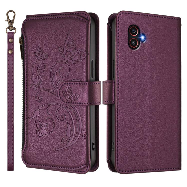 Funda de cuero con cremallera para Samsung Galaxy XCover6 Pro, diseño de mariposas, flores y amor (morado oscuro)