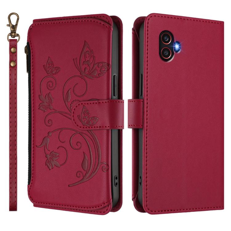 Funda de cuero con cremallera para Samsung Galaxy XCover6 Pro, diseño de mariposas, flores y amor (rojo vino)