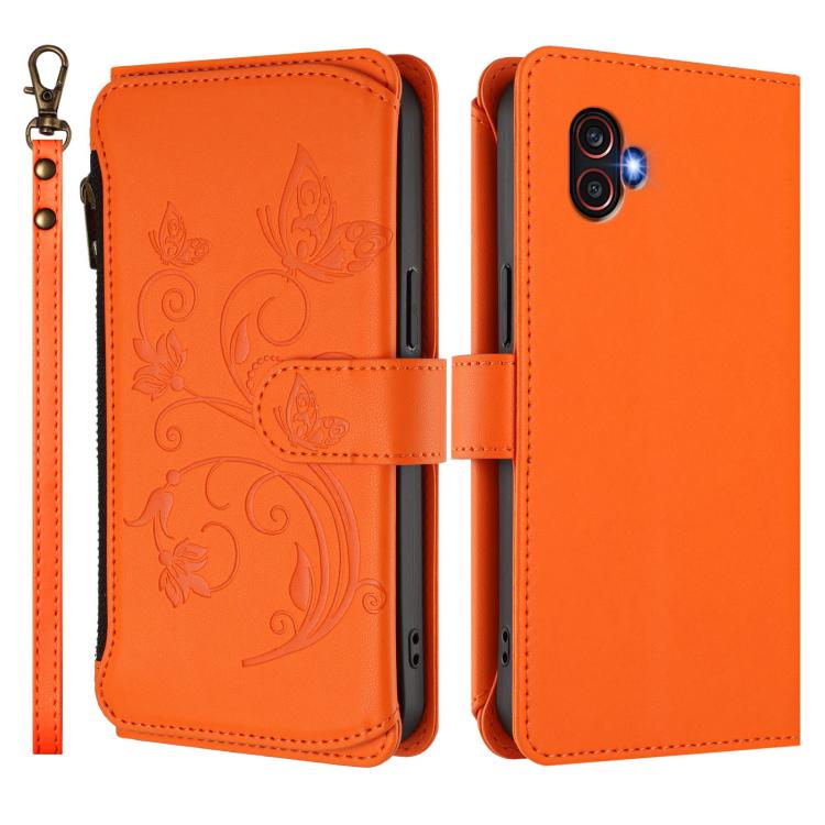 Funda de cuero con cremallera para Samsung Galaxy XCover6 Pro, diseño de mariposas, flores y amor (naranja)