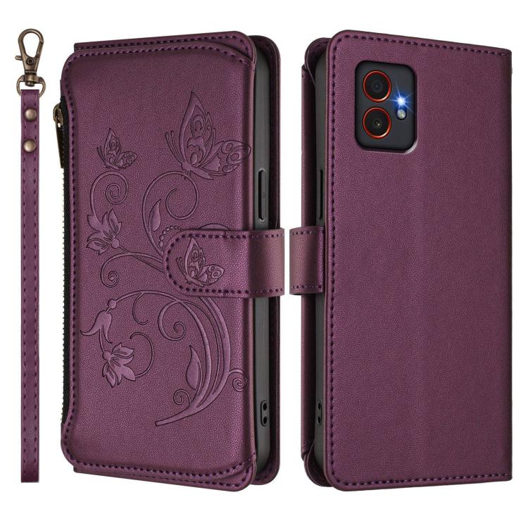 Funda de cuero con cremallera para Samsung Galaxy XCover7 Pro, diseño de mariposas, flores y amor (morado oscuro)