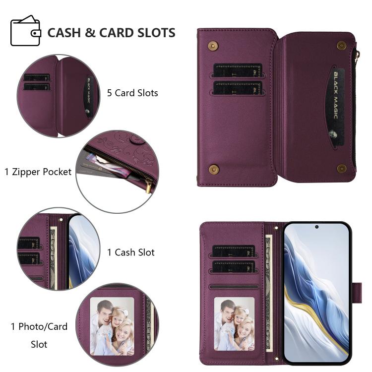 Funda de cuero con cremallera para Samsung Galaxy XCover7 Pro, diseño de mariposas, flores y amor (morado oscuro)