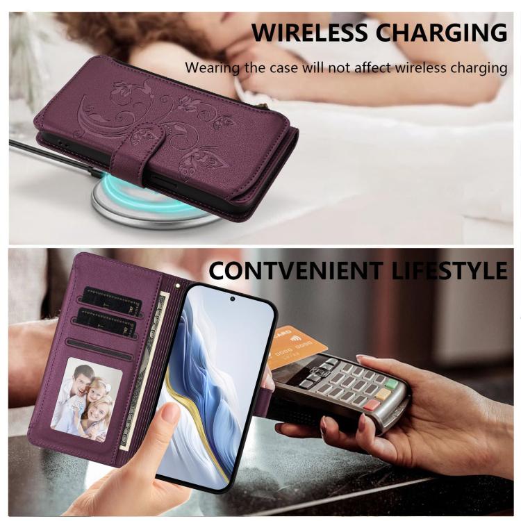 Funda de cuero con cremallera para Samsung Galaxy XCover7 Pro, diseño de mariposas, flores y amor (morado oscuro)