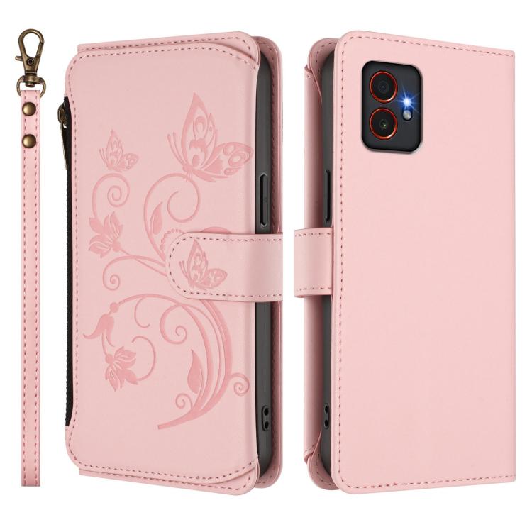 Funda de cuero con cremallera para Samsung Galaxy XCover7 Pro, diseño de mariposas, flores y amor (rosa)