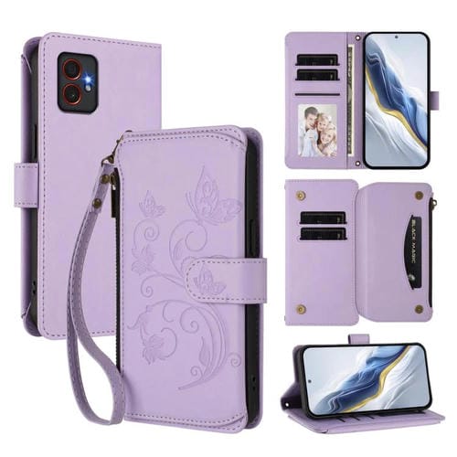 Funda de cuero con cremallera para Samsung Galaxy XCover7 Pro, diseño de mariposas, flores y amor, con múltiples tarjetas (morado claro)