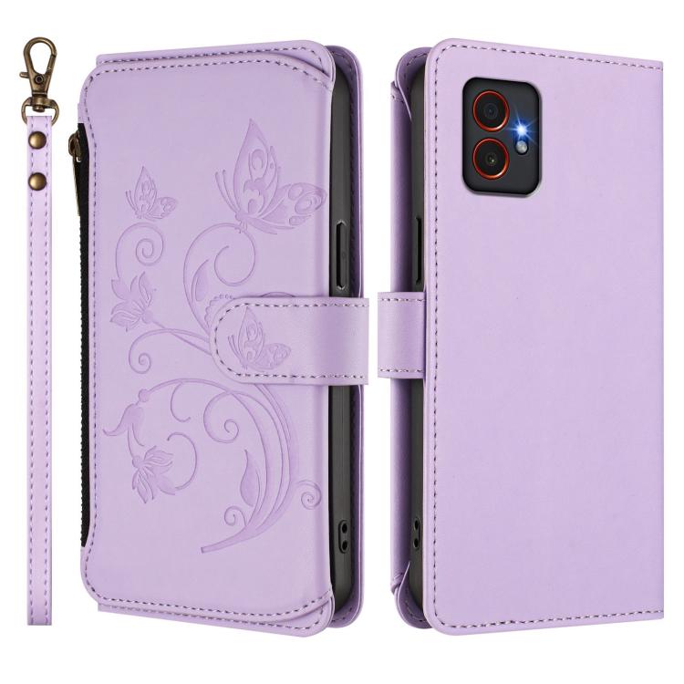Funda de cuero con cremallera para Samsung Galaxy XCover7 Pro, diseño de mariposas, flores y amor, con múltiples tarjetas (morado claro)