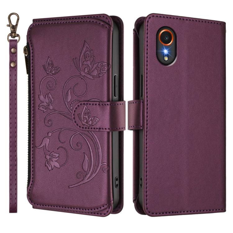 Funda de cuero con cremallera para Samsung Galaxy XCover7 5G, diseño de mariposas, flores y amor, con múltiples tarjetas (morado oscuro)