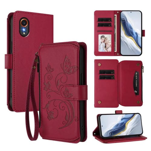 Funda de cuero con cremallera para Samsung Galaxy XCover7 5G, diseño de mariposas, flores y amor, con múltiples tarjetas (rojo vino)