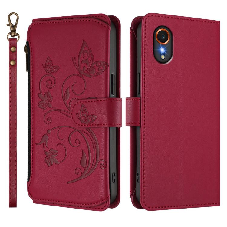Funda de cuero con cremallera para Samsung Galaxy XCover7 5G, diseño de mariposas, flores y amor, con múltiples tarjetas (rojo vino)