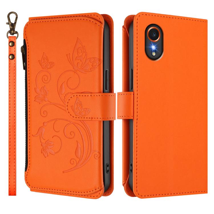 Funda de cuero con cremallera para Samsung Galaxy XCover7 5G, diseño de mariposas, flores y amor, con múltiples tarjetas (naranja)