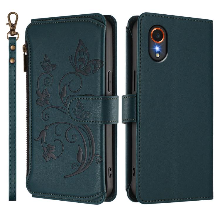 Funda de cuero con cremallera para Samsung Galaxy XCover7 5G, diseño de mariposas, flores y amor, con múltiples tarjetas (verde oscuro)