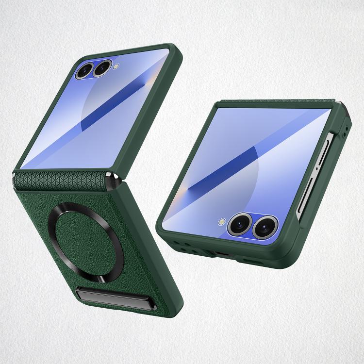 Funda para Samsung Galaxy Z Flip7 5G con soporte invisible integrado y textura de CD, magnética, con textura de lichi (verde)