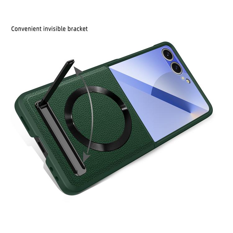 Funda para Samsung Galaxy Z Flip7 5G con soporte invisible integrado y textura de CD, magnética, con textura de lichi (verde)