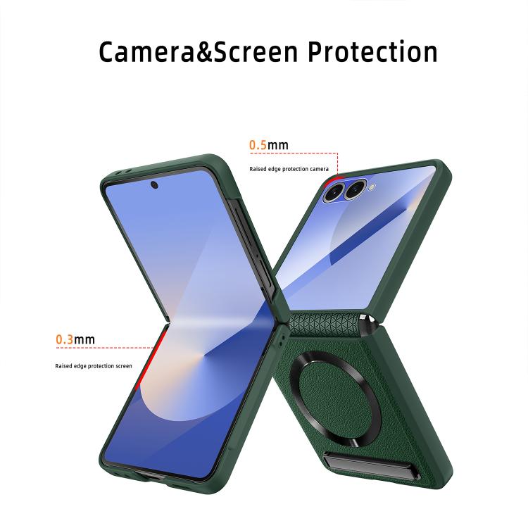 Funda para Samsung Galaxy Z Flip7 5G con soporte invisible integrado y textura de CD, magnética, con textura de lichi (verde)