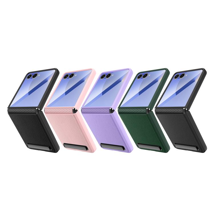 Funda para Samsung Galaxy Z Flip7 5G con soporte invisible integrado y textura de lichi (negro trigo)