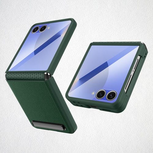 Funda para Samsung Galaxy Z Flip7 5G con soporte invisible integrado y diseño de piel de lichi (verde)