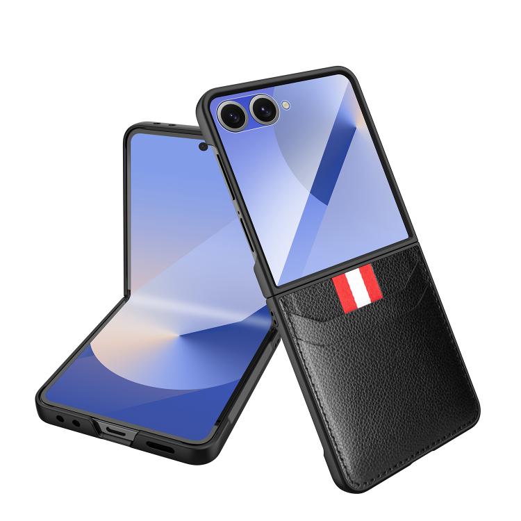 Funda para Samsung Galaxy Z Flip7 5G con ranura para tarjeta integrada y película protectora de lichi (negra)