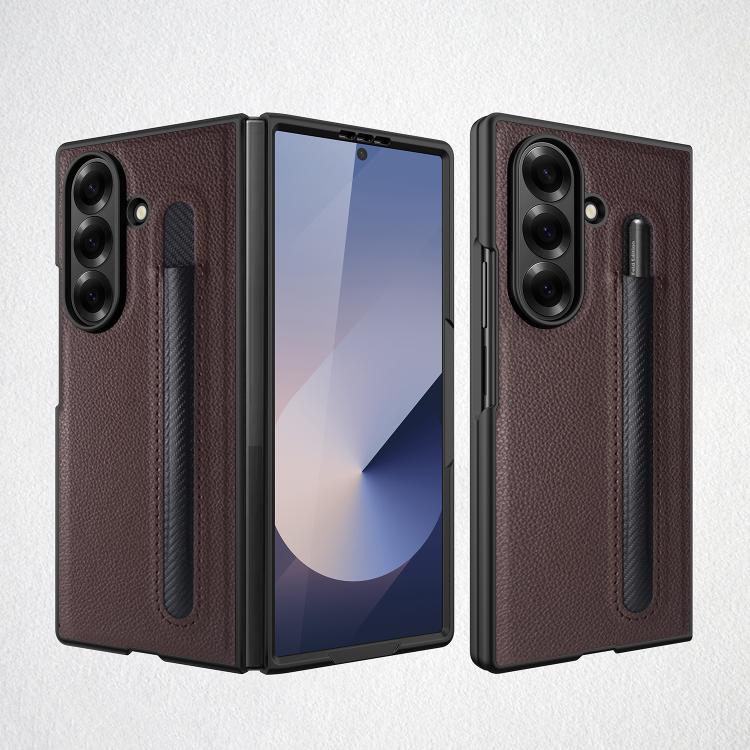 Funda para Samsung Galaxy Z Fold7 5G con diseño de lichi integrado, ranura para bolígrafo (sin bolígrafo) (marrón)