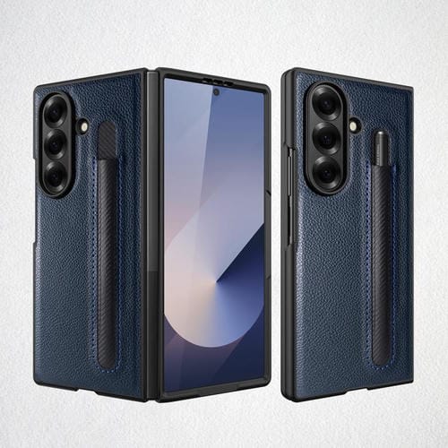 Funda para Samsung Galaxy Z Fold7 5G con diseño de lichi integrado, ranura para bolígrafo (sin bolígrafo) (azul)