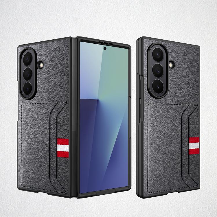 Funda para Samsung Galaxy Z Fold7 5G con ranura para tarjeta integrada y diseño de piel de lichi (gris)