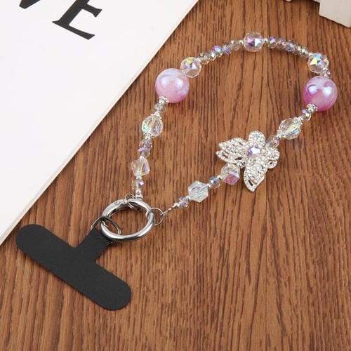 Correa universal antipérdida para teléfono con diseño de mariposa de diamante y cuentas de cristal (morado)