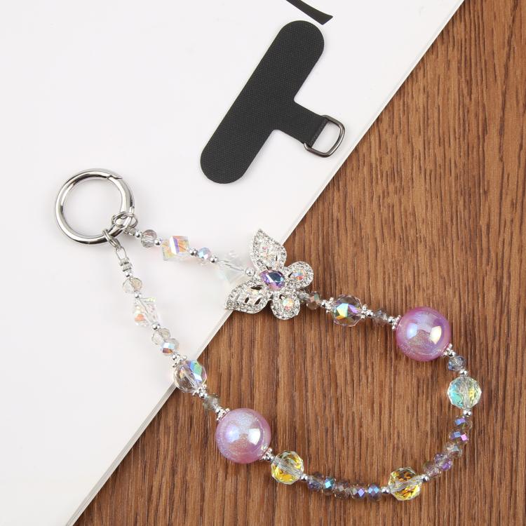 Correa universal antipérdida para teléfono con diseño de mariposa de diamante y cuentas de cristal (morado)