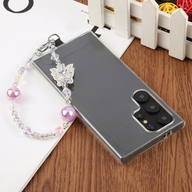 Correa universal antipérdida para teléfono con diseño de mariposa de diamante y cuentas de cristal (morado)