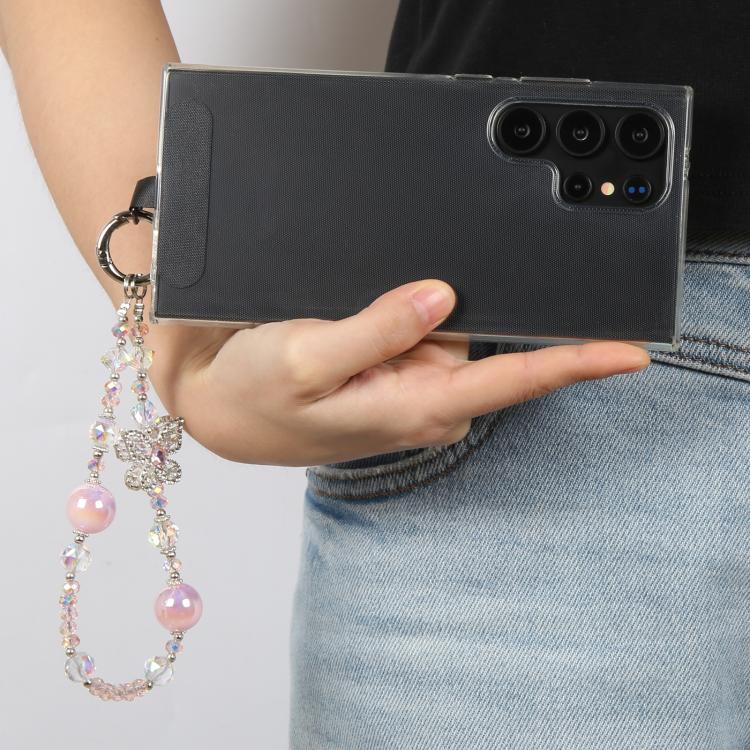 Correa universal antipérdida para teléfono con diseño de mariposa de diamante y cuentas de cristal (morado)