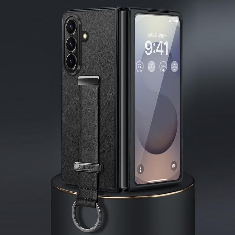 Funda híbrida de cuero SULADA para Samsung Galaxy Z Fold7 5G, con textura de piel sintética, a prueba de golpes (negra)