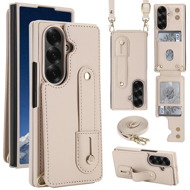 Funda tipo cartera con tapa vertical y correa para Samsung Galaxy Z Fold7 5G, con cordón largo (blanca)