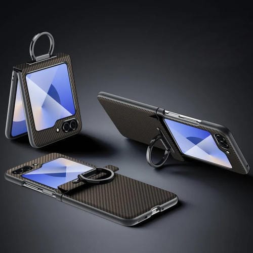 Funda SULADA 600D con textura de Kevlar para Samsung Galaxy Z Flip6, a prueba de golpes, de PC, con soporte para anillo (marrón)