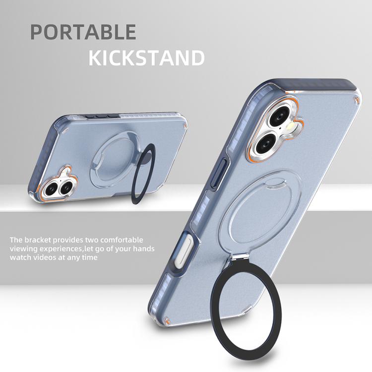 Funda colorida 2 en 1 con soporte de anillo MagSafe para iPhone 16 Plus (negro transparente)