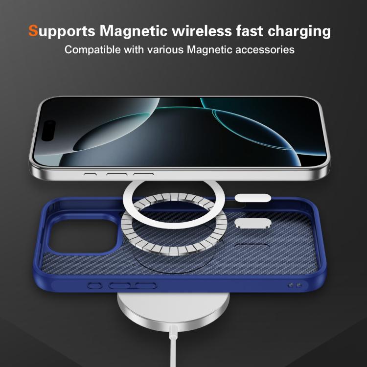 Funda MagSafe con textura de fibra de carbono y tacto suave para iPhone 16 Pro (azul)