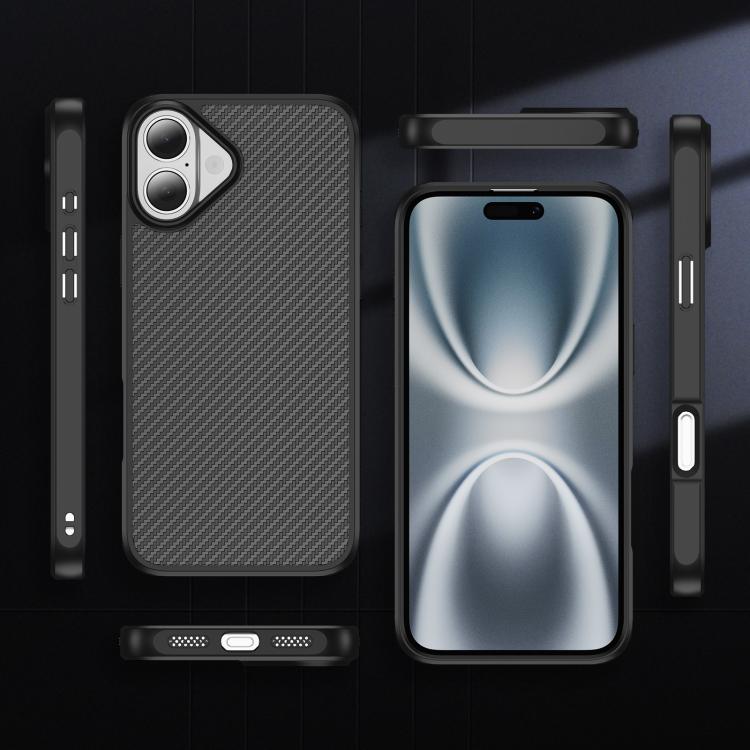 Funda MagSafe con textura de fibra de carbono y tacto suave para iPhone 16 Plus (negra)
