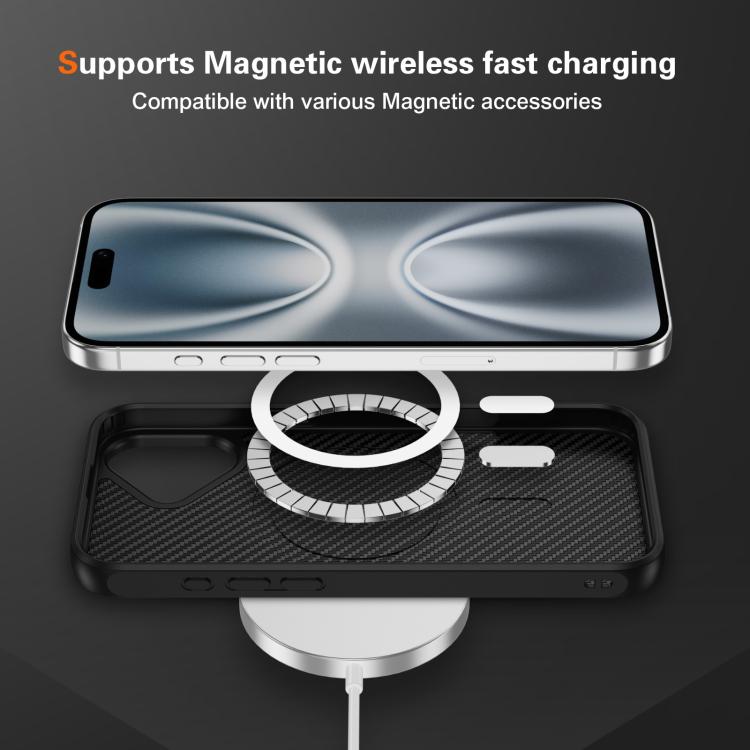 Funda MagSafe con textura de fibra de carbono y tacto suave para iPhone 16 Plus (negra)