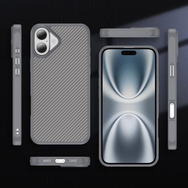Funda MagSafe con textura de fibra de carbono y tacto suave para iPhone 16 Plus (gris)