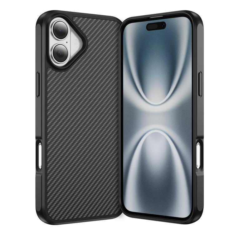 Funda MagSafe con textura de fibra de carbono y tacto suave para iPhone 16 (negra)