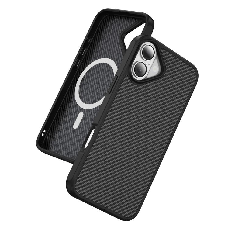 Funda MagSafe con textura de fibra de carbono y tacto suave para iPhone 16 (negra)