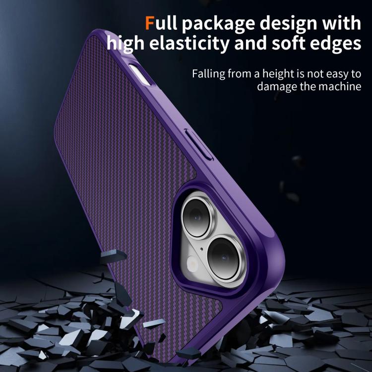 Funda MagSafe con textura de fibra de carbono y tacto suave para iPhone 16 (morada)