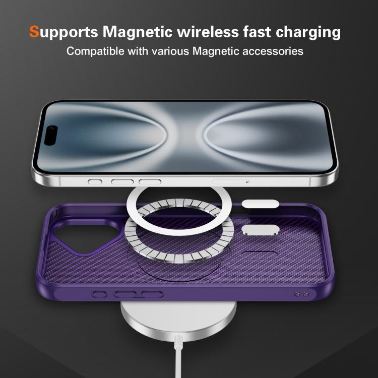 Funda MagSafe con textura de fibra de carbono y tacto suave para iPhone 16 (morada)