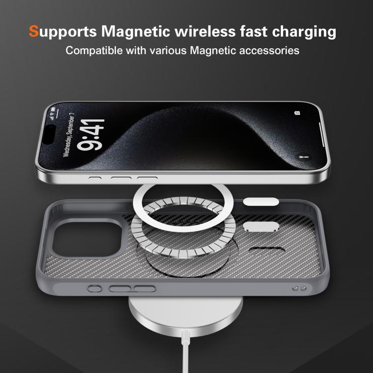Funda MagSafe con textura de fibra de carbono y tacto suave para iPhone 15 Pro Max (gris)