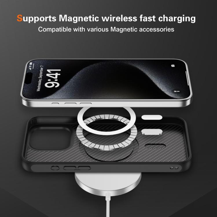 Funda MagSafe con textura de fibra de carbono y tacto suave para iPhone 15 Pro (negra)