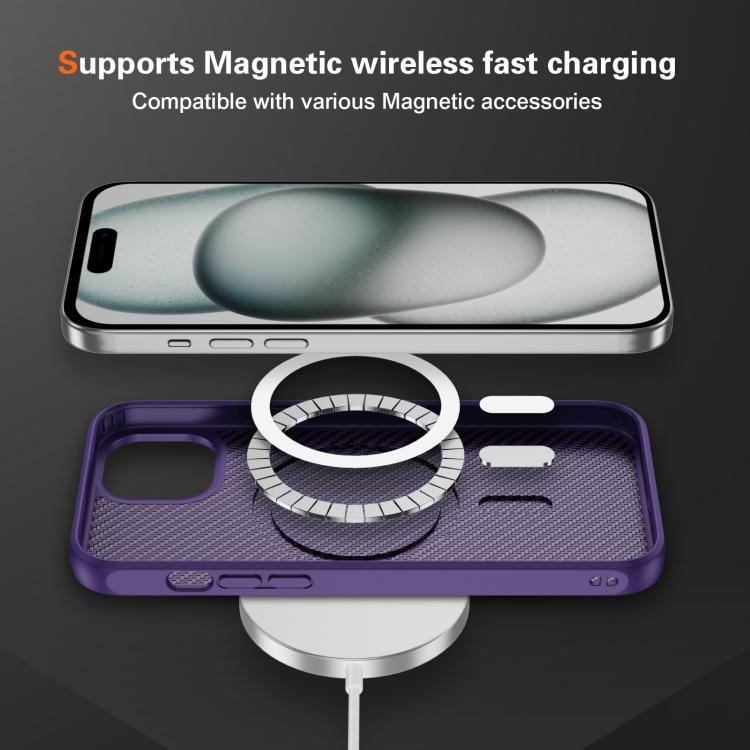 For iPhone 15 Plus Carbon Fiber Texture Skin-feel MagSafe Phone Case(Purple)