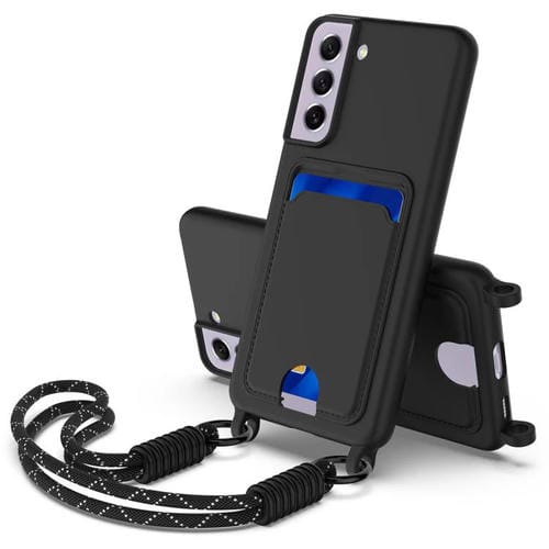 Funda de silicona líquida de color sólido para Samsung Galaxy S21 FE 5G con tarjetero integrado y cordón corto (negro)