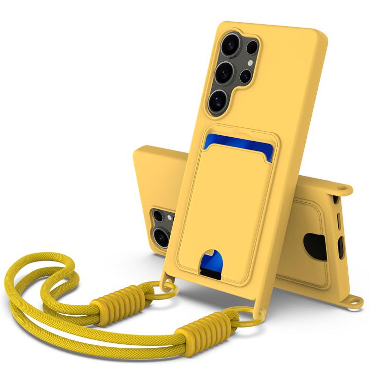 Funda de silicona líquida de color sólido para Samsung Galaxy S24 Ultra 5G con tarjetero integrado, Gen2, con cordón corto (amarilla)