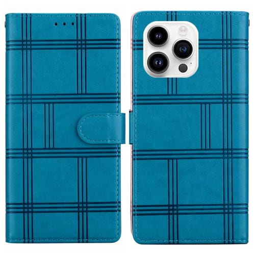 For iPhone 16 Pro Max Embossed Checkered Leather Phone Case(Blue)