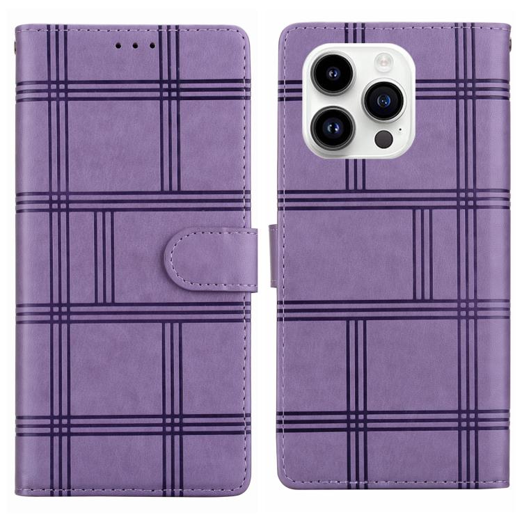 Funda de piel con relieve a cuadros para iPhone 16 Pro Max (morada)