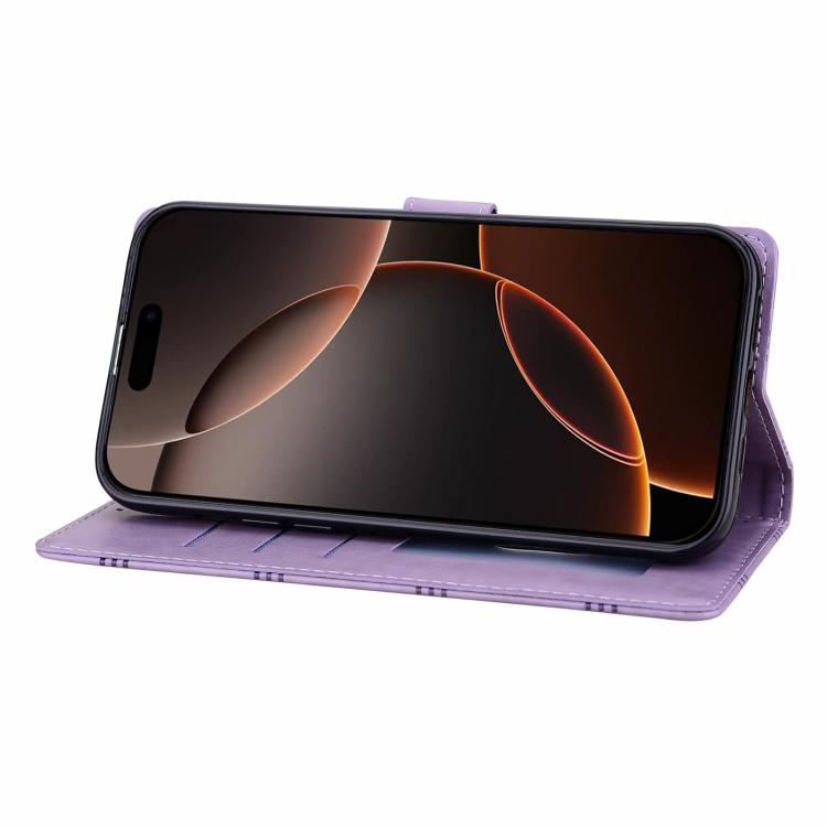 Funda de piel con relieve a cuadros para iPhone 16 Plus (morada)